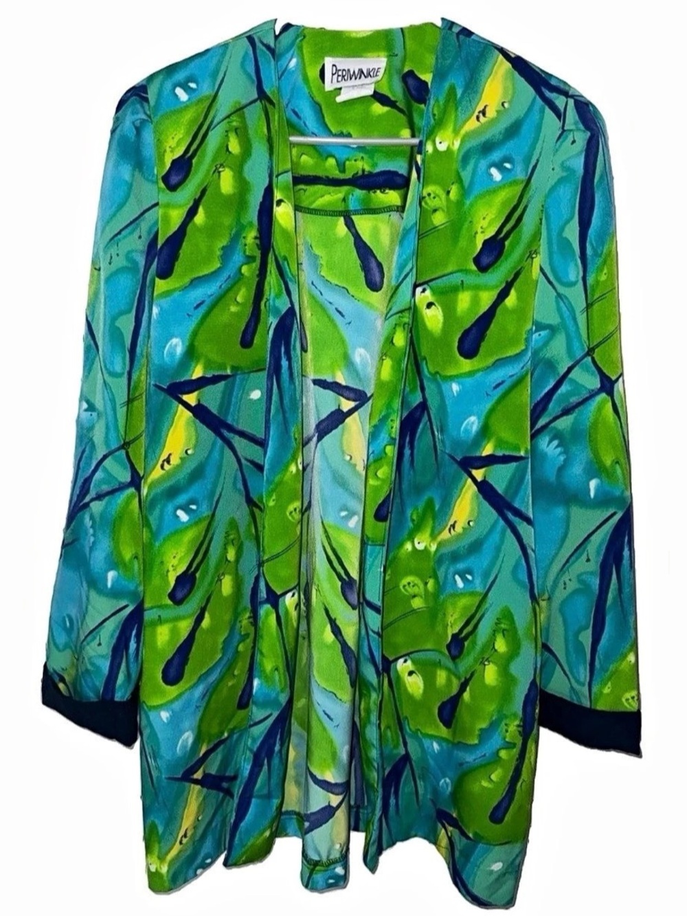 Vintage Periwinkle Abstract Watercolor Open Front Duster Jacket Kimono Large XL